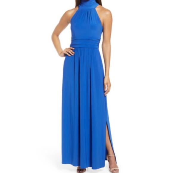 ELIZA J Halter Neck Cobalt Blue Sleeveless High Slit Maxi Dress, Size 16, NWT - Picture 1 of 9